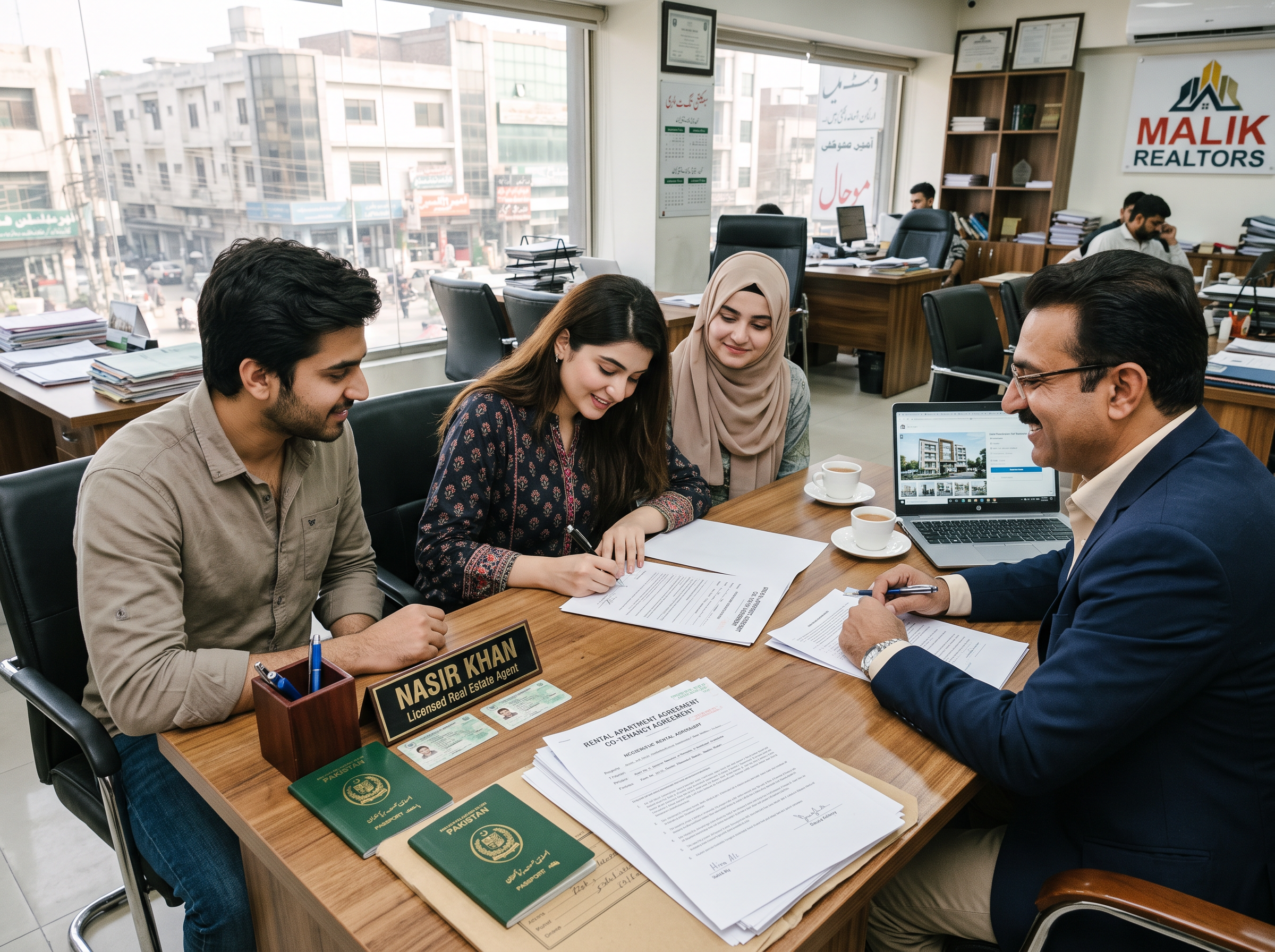 People signing a shared tenancy agreement in Pakistan