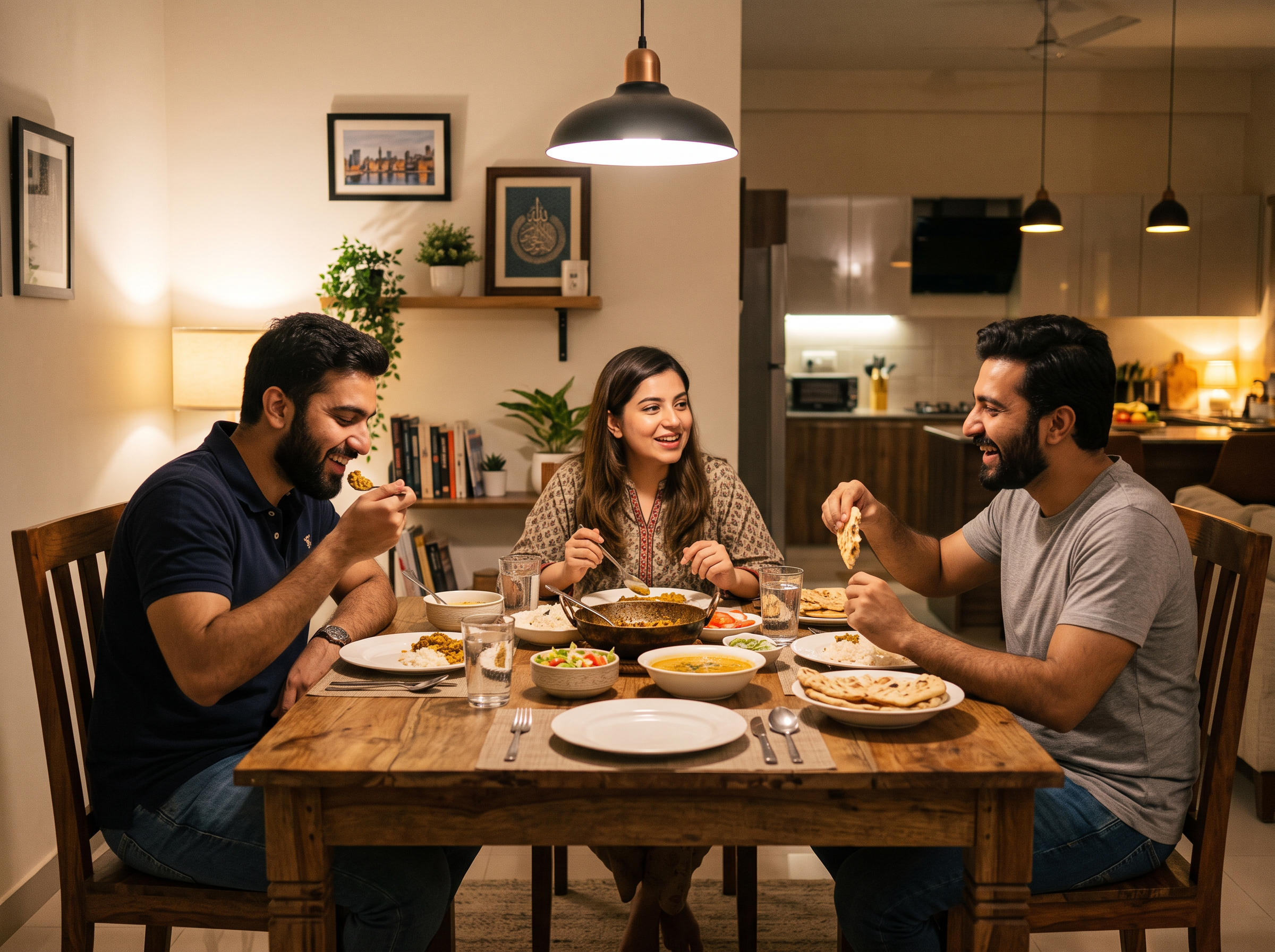 Roommates enjoying a meal together in shared apartment