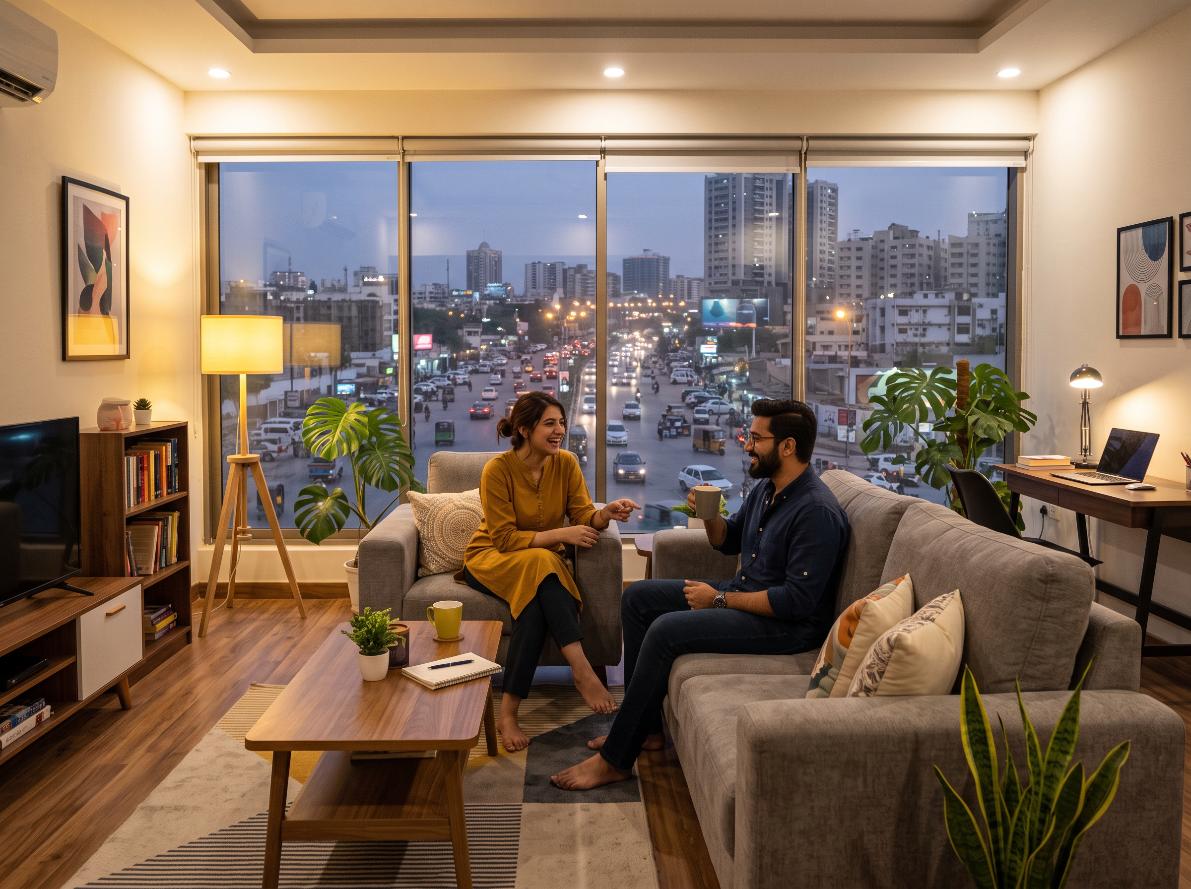 Two professionals sharing a modern apartment living room in Pakistan
